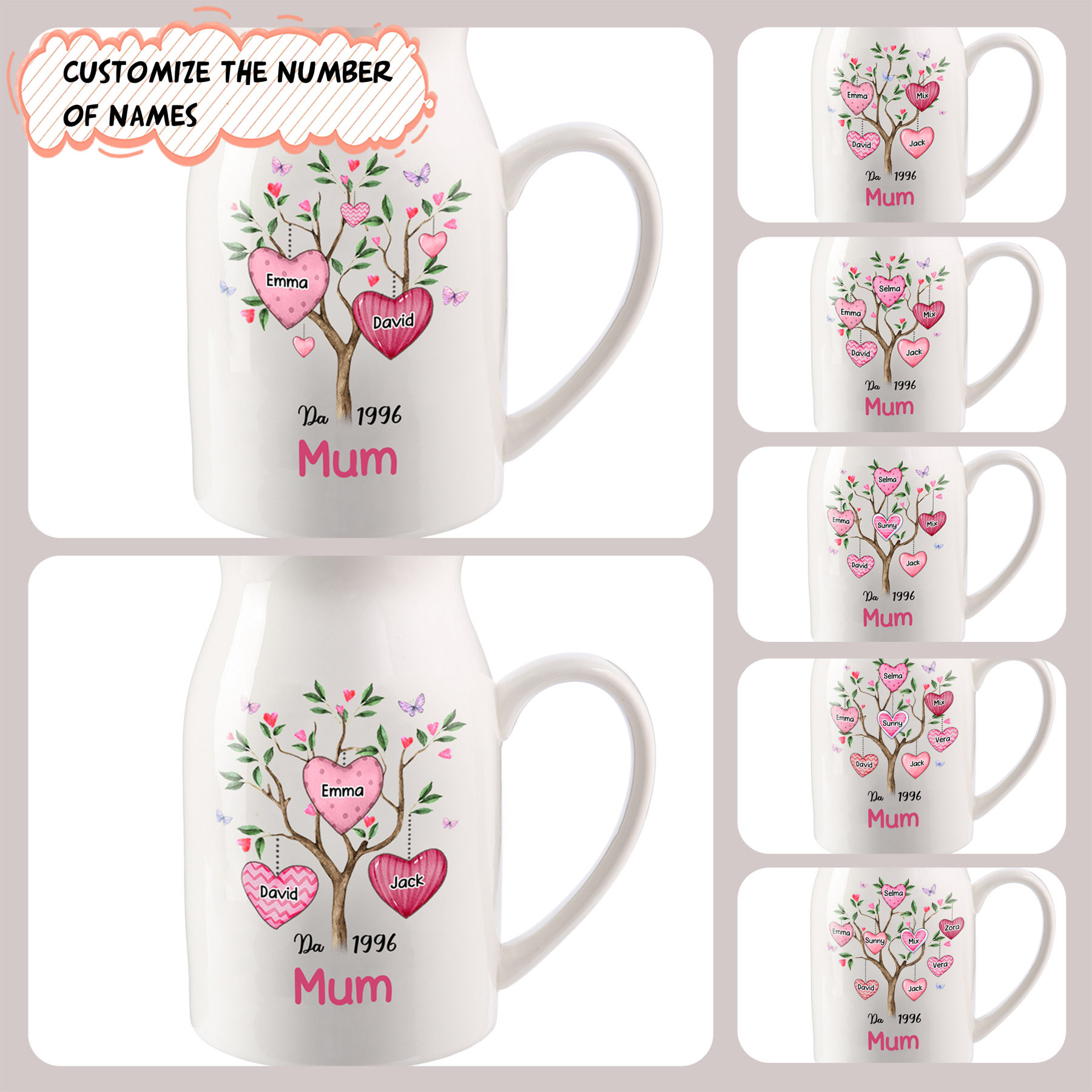 Personalised Heart Tree Ceramic Vase with 2-8 Names, 1 Date & 1 Text – Unique Mother's Day Gifts for Her | Jessemade