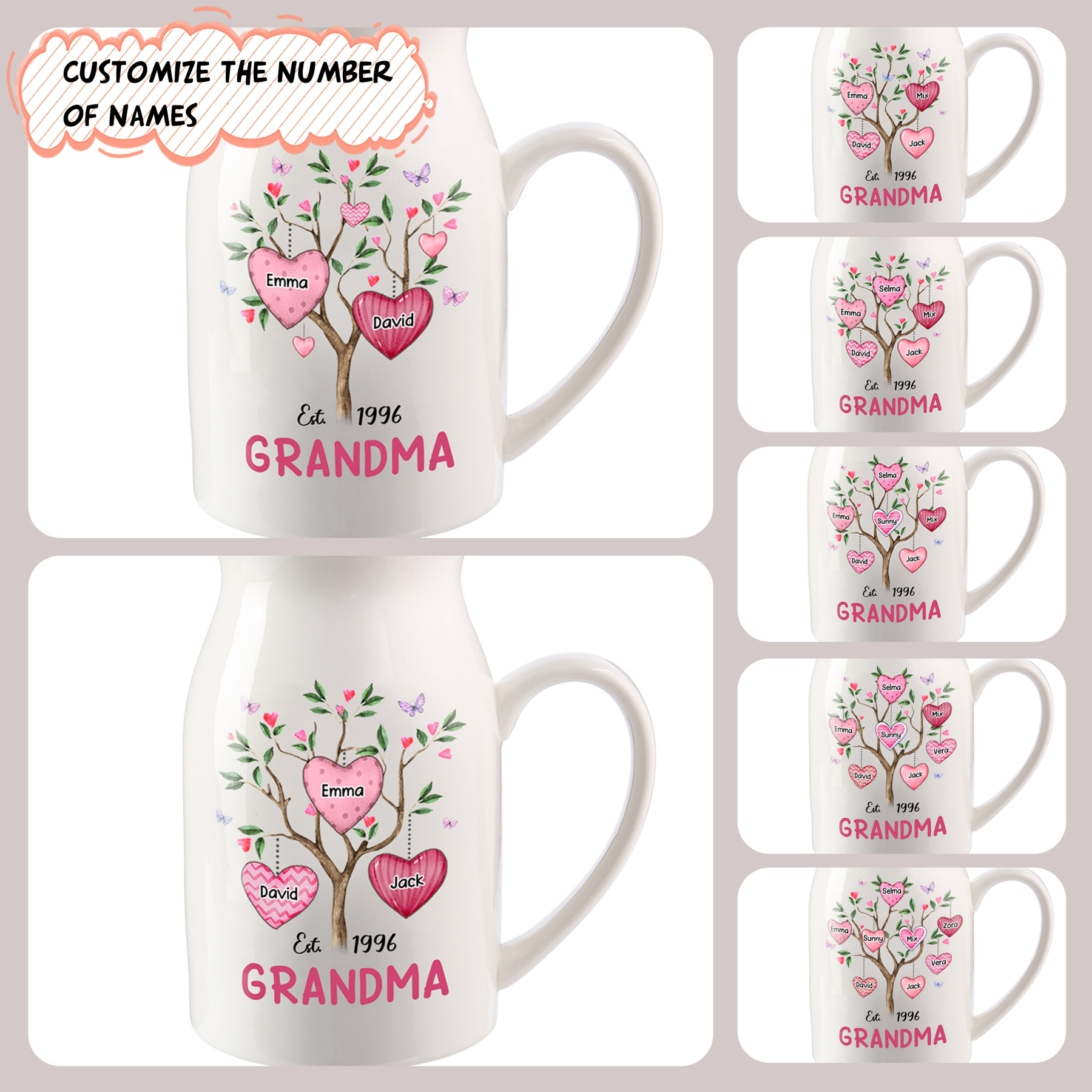 Personalised Heart Tree Ceramic Vase with 2-8 Names, 1 Date & 1 Text – Unique Mother's Day Gifts for Mum | Jessemade