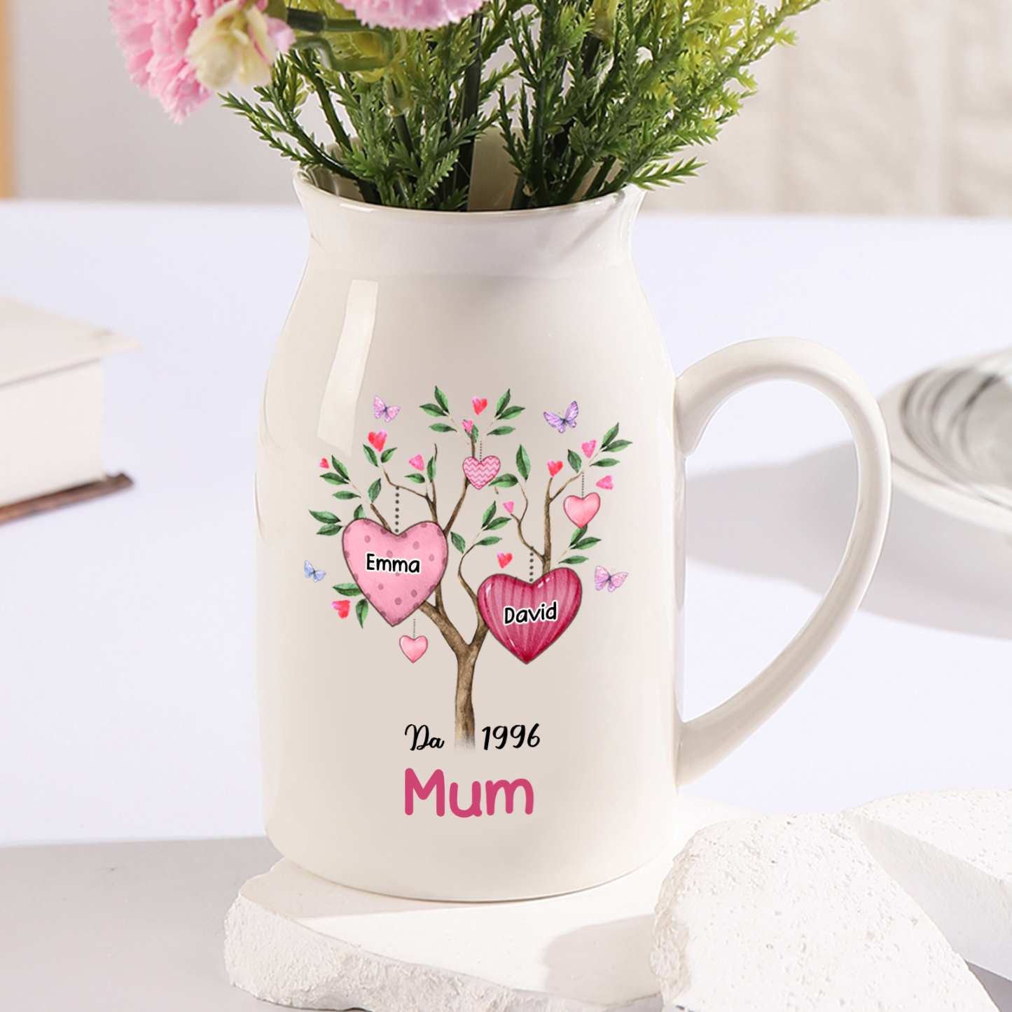 Personalised Heart Tree Ceramic Vase with 2-8 Names, 1 Date & 1 Text – Unique Mother's Day Gifts for Her | Jessemade