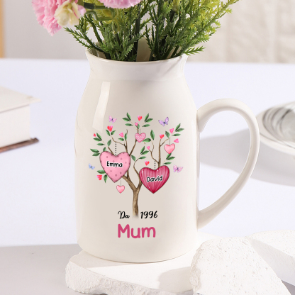 Personalised Heart Tree Ceramic Vase with 2-8 Names, 1 Date & 1 Text – Unique Mother's Day Gifts for Her | Jessemade