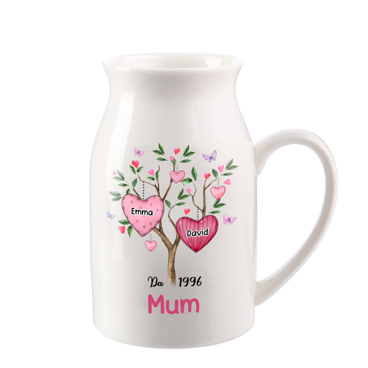 Personalised Heart Tree Ceramic Vase with 2-8 Names, 1 Date & 1 Text – Unique Mother's Day Gifts for Her | Jessemade