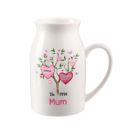 Personalised Heart Tree Ceramic Vase with 2-8 Names, 1 Date & 1 Text – Unique Mother's Day Gifts for Her | Jessemade
