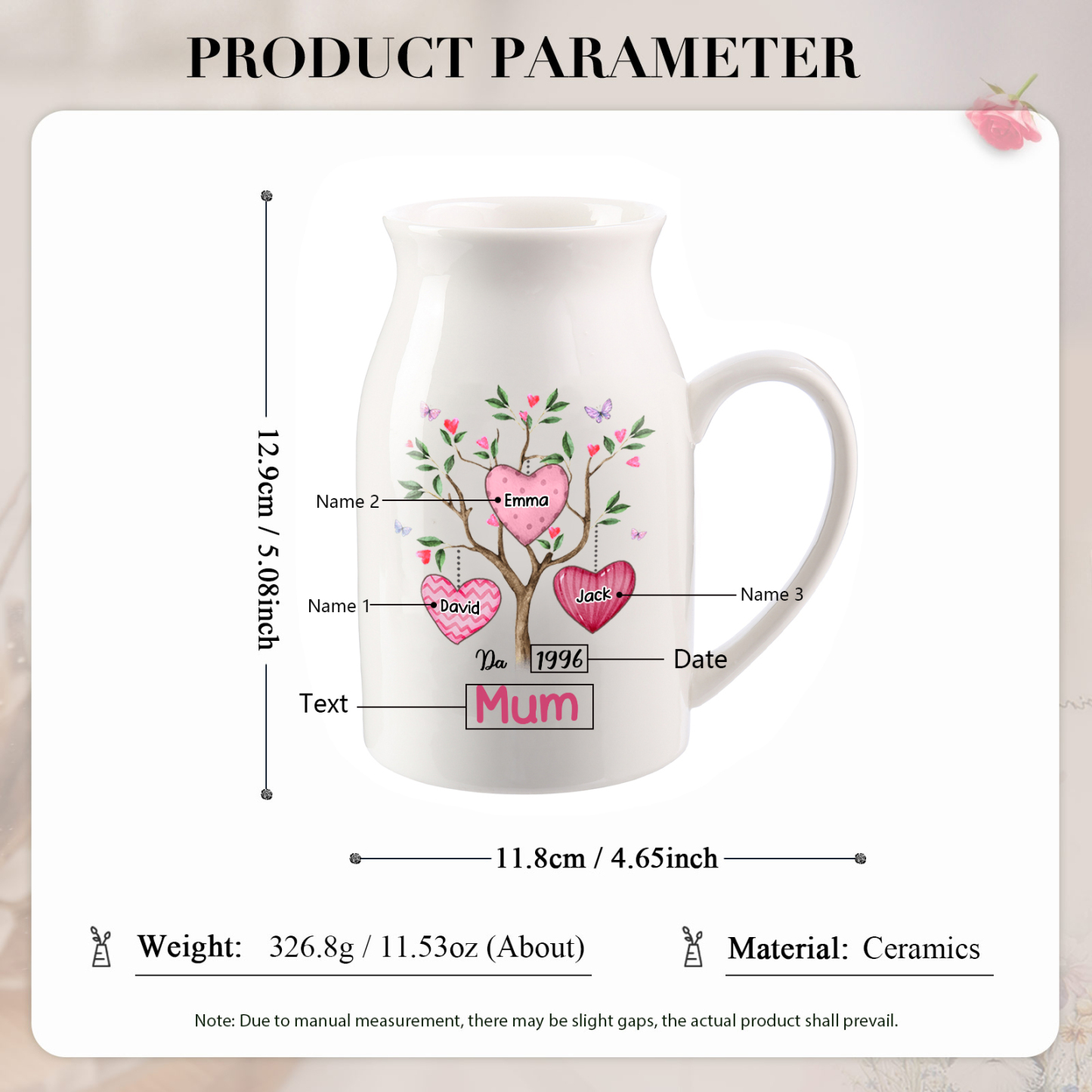 Personalised Heart Tree Ceramic Vase with 2-8 Names, 1 Date & 1 Text – Unique Mother's Day Gifts for Her | Jessemade