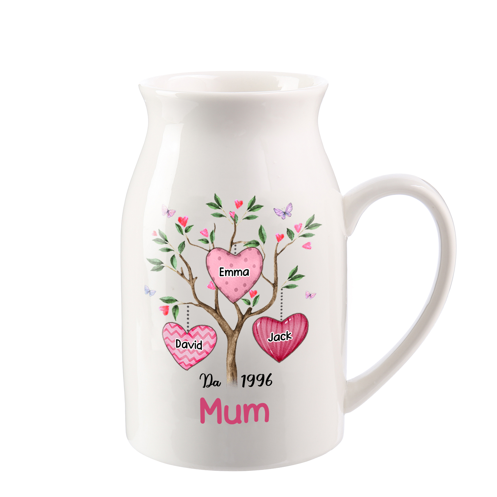 Personalised Heart Tree Ceramic Vase with 2-8 Names, 1 Date & 1 Text – Unique Mother's Day Gifts for Her | Jessemade