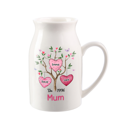 Personalised Heart Tree Ceramic Vase with 2-8 Names, 1 Date & 1 Text – Unique Mother's Day Gifts for Her | Jessemade