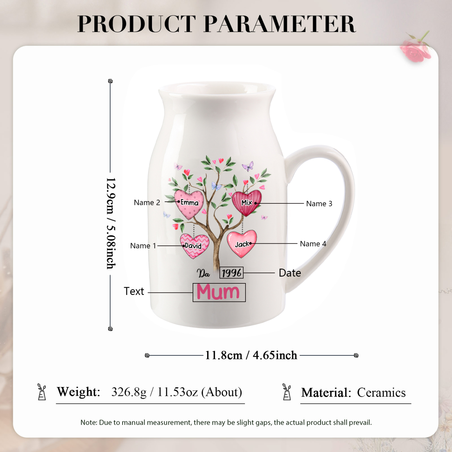 Personalised Heart Tree Ceramic Vase with 2-8 Names, 1 Date & 1 Text – Unique Mother's Day Gifts for Her | Jessemade