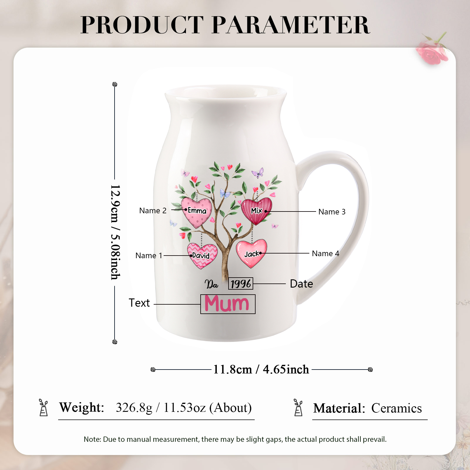 Personalised Heart Tree Ceramic Vase with 2-8 Names, 1 Date & 1 Text – Unique Mother's Day Gifts for Her | Jessemade