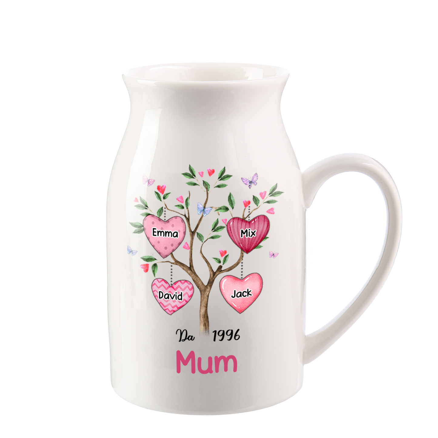 Personalised Heart Tree Ceramic Vase with 2-8 Names, 1 Date & 1 Text – Unique Mother's Day Gifts for Her | Jessemade