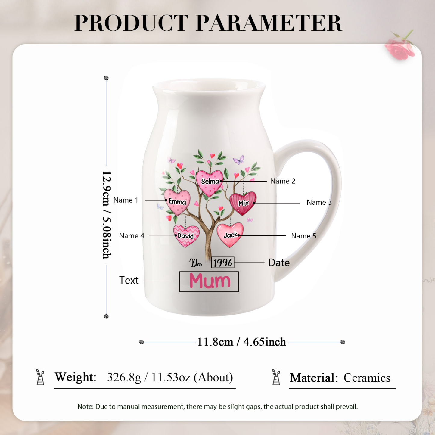 Personalised Heart Tree Ceramic Vase with 2-8 Names, 1 Date & 1 Text – Unique Mother's Day Gifts for Her | Jessemade