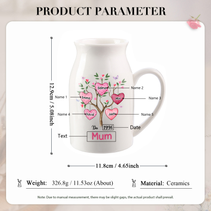 Personalised Heart Tree Ceramic Vase with 2-8 Names, 1 Date & 1 Text – Unique Mother's Day Gifts for Her | Jessemade