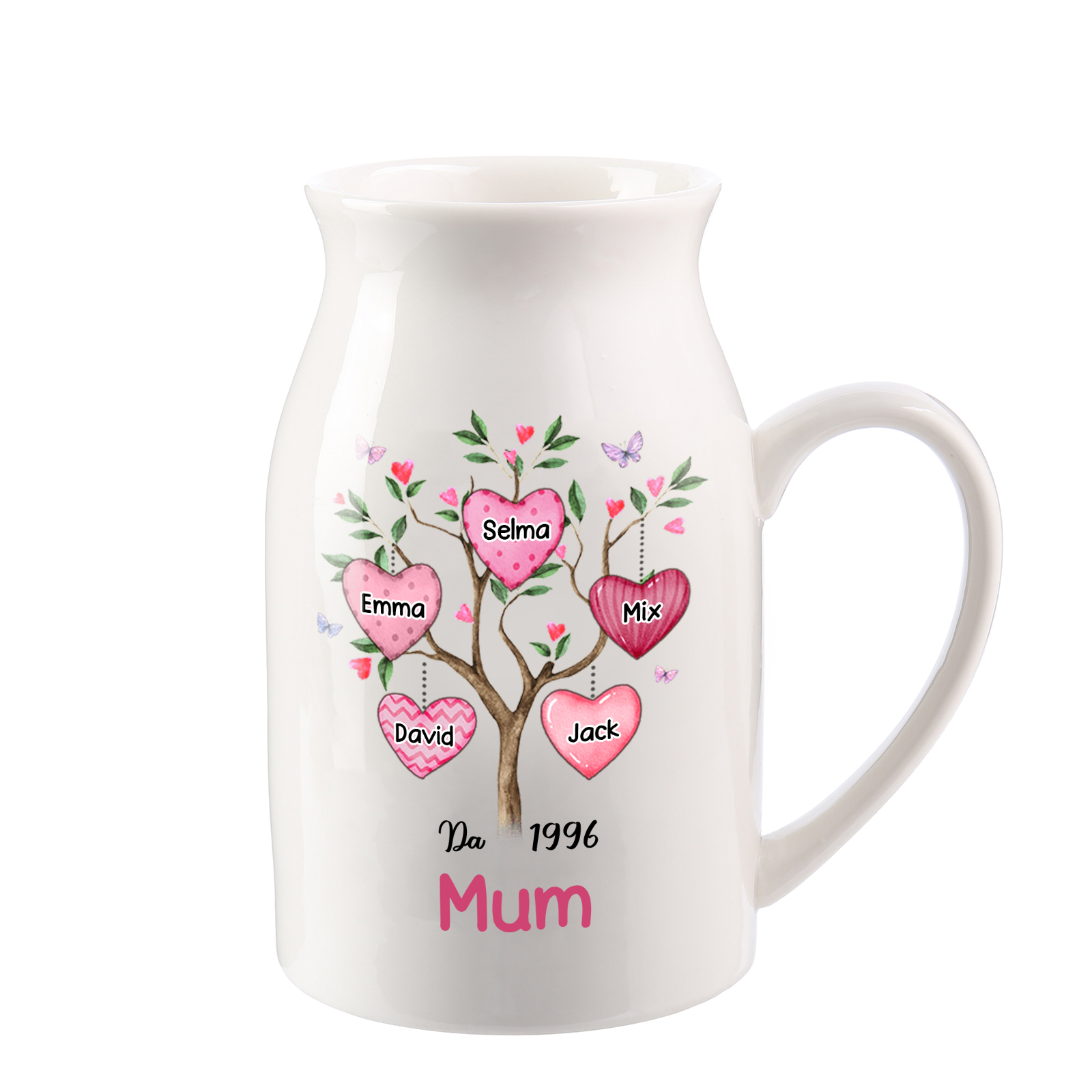 Personalised Heart Tree Ceramic Vase with 2-8 Names, 1 Date & 1 Text – Unique Mother's Day Gifts for Her | Jessemade