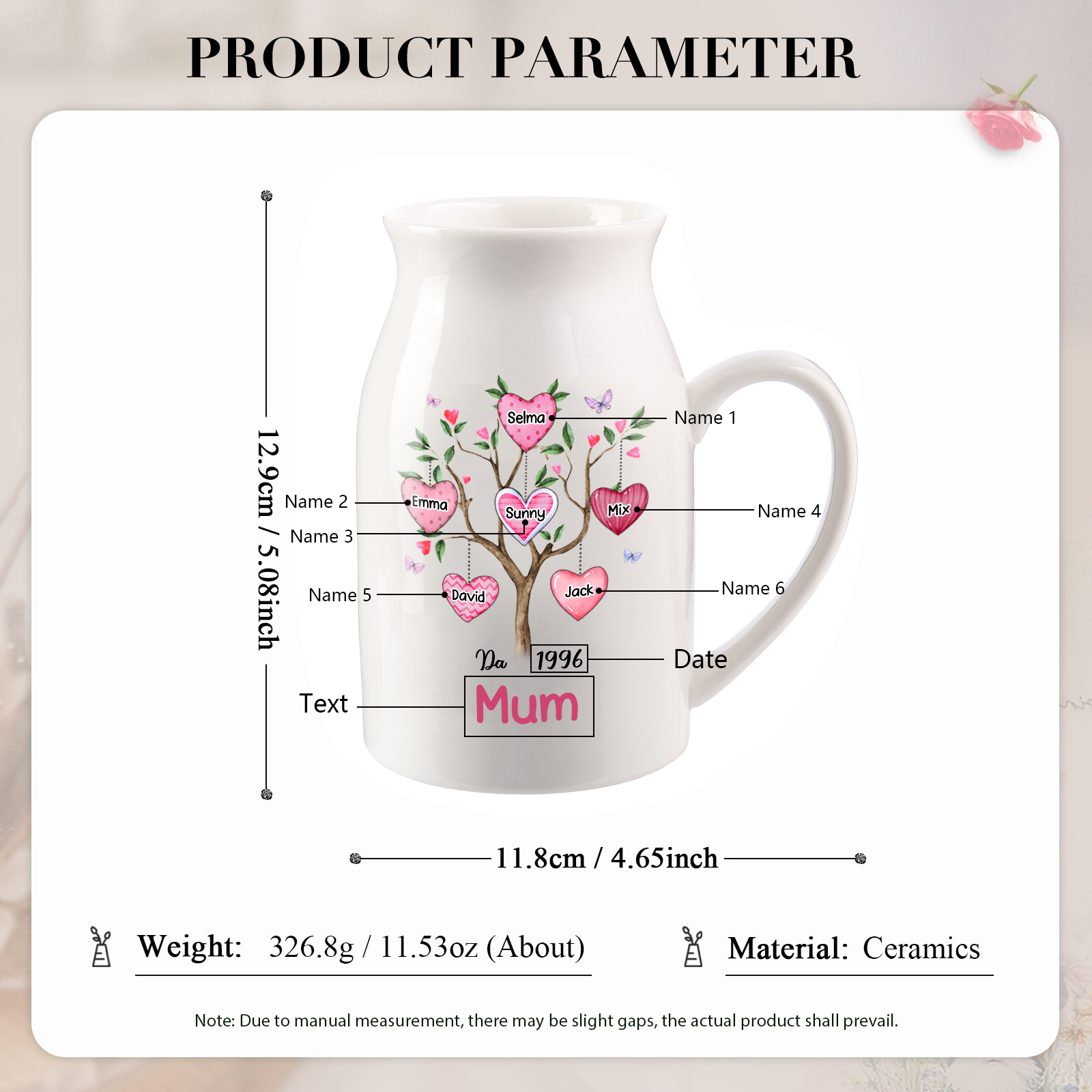 Personalised Heart Tree Ceramic Vase with 2-8 Names, 1 Date & 1 Text – Unique Mother's Day Gifts for Her | Jessemade