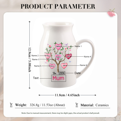 Personalised Heart Tree Ceramic Vase with 2-8 Names, 1 Date & 1 Text – Unique Mother's Day Gifts for Her | Jessemade