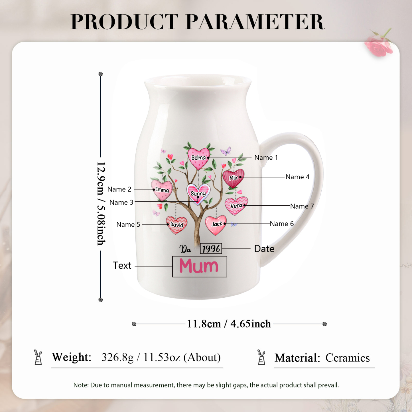 Personalised Heart Tree Ceramic Vase with 2-8 Names, 1 Date & 1 Text – Unique Mother's Day Gifts for Her | Jessemade