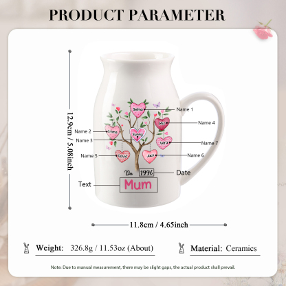 Personalised Heart Tree Ceramic Vase with 2-8 Names, 1 Date & 1 Text – Unique Mother's Day Gifts for Her | Jessemade