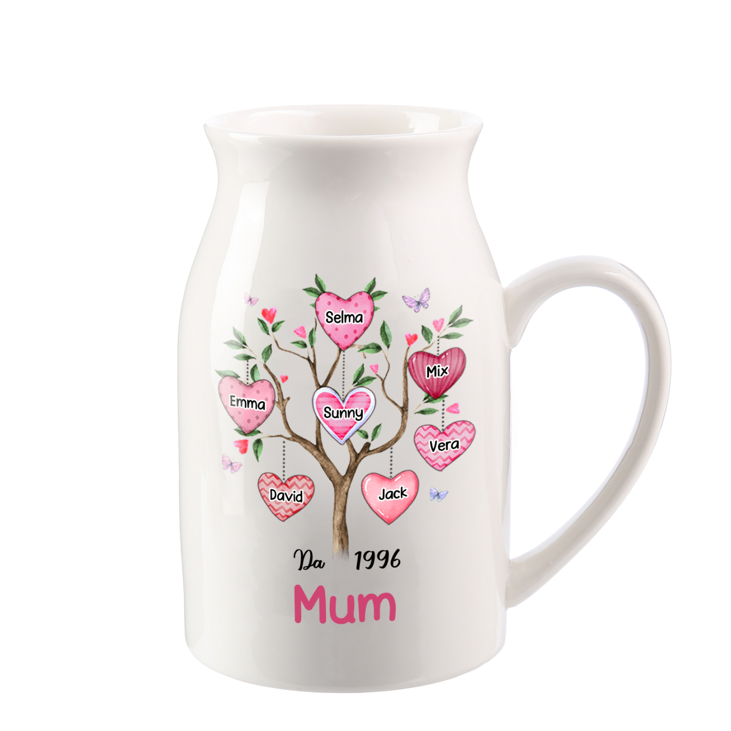 Personalised Heart Tree Ceramic Vase with 2-8 Names, 1 Date & 1 Text – Unique Mother's Day Gifts for Her | Jessemade