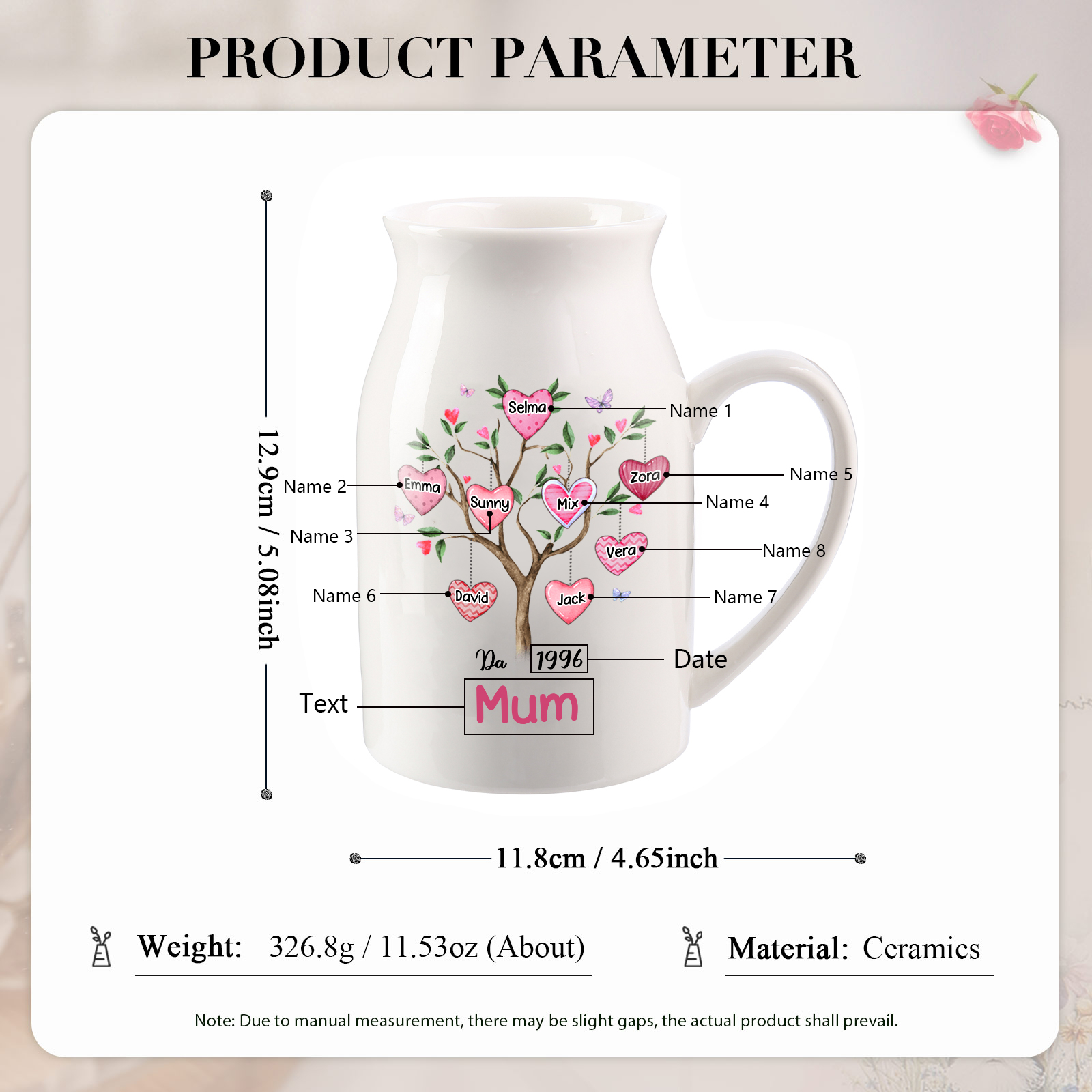 Personalised Heart Tree Ceramic Vase with 2-8 Names, 1 Date & 1 Text – Unique Mother's Day Gifts for Her | Jessemade