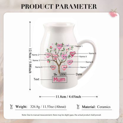 Personalised Heart Tree Ceramic Vase with 2-8 Names, 1 Date & 1 Text – Unique Mother's Day Gifts for Her | Jessemade