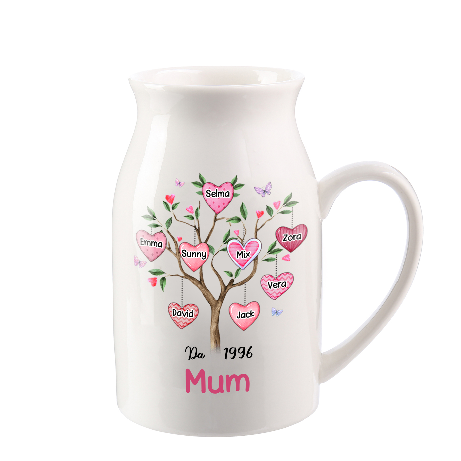 Personalised Heart Tree Ceramic Vase with 2-8 Names, 1 Date & 1 Text – Unique Mother's Day Gifts for Her | Jessemade