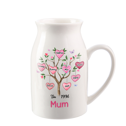 Personalised Heart Tree Ceramic Vase with 2-8 Names, 1 Date & 1 Text – Unique Mother's Day Gifts for Her | Jessemade
