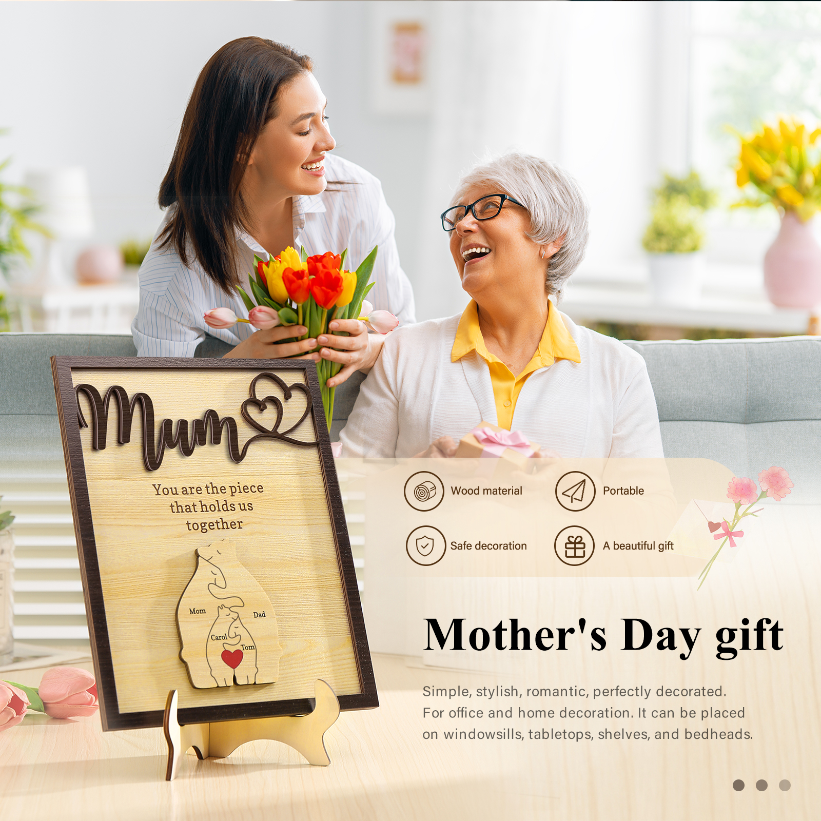 4 Names - Personalized Home Frame Wooden Ornaments Cute Bear Style Ornaments for Mum