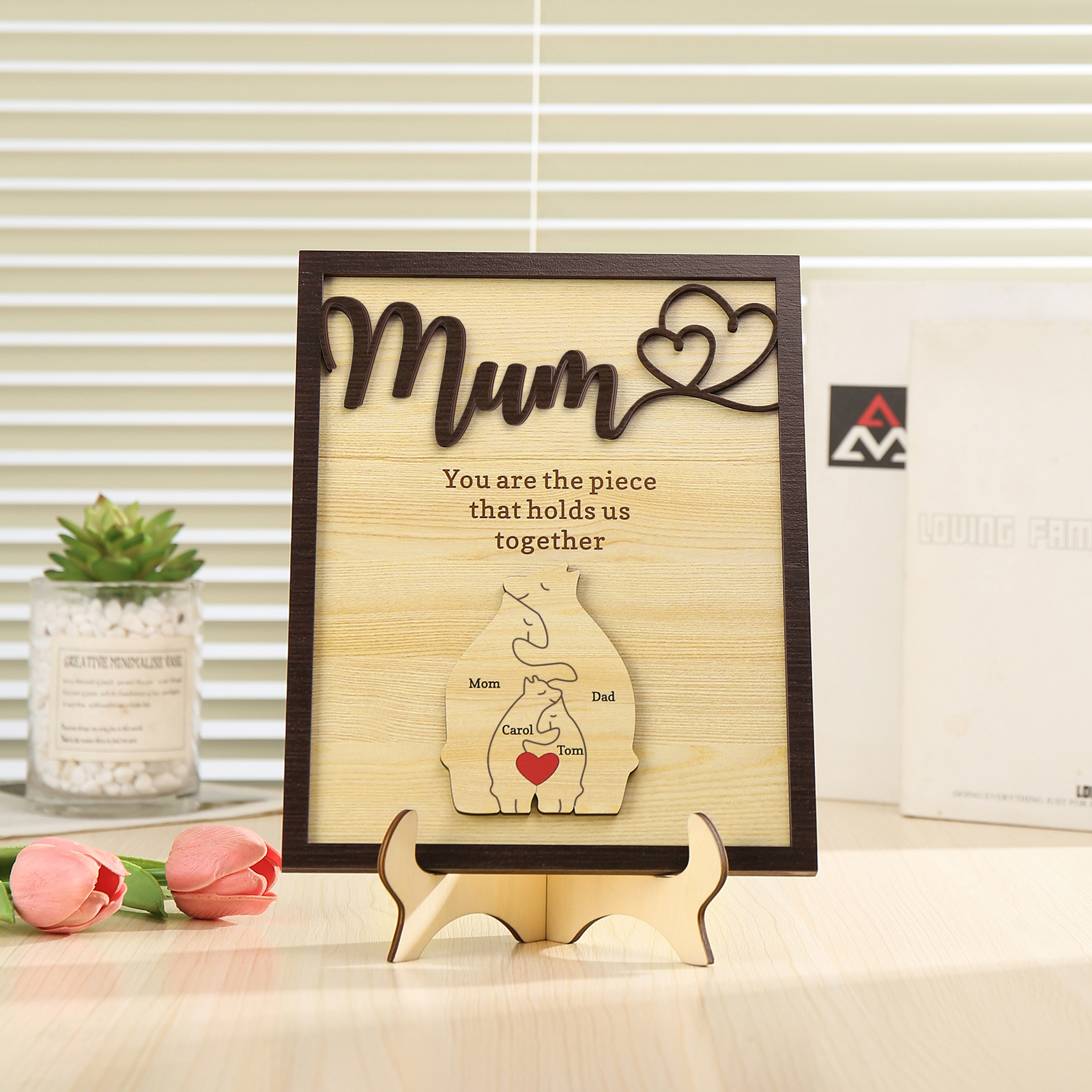 4 Names - Personalized Home Frame Wooden Ornaments Cute Bear Style Ornaments for Mum