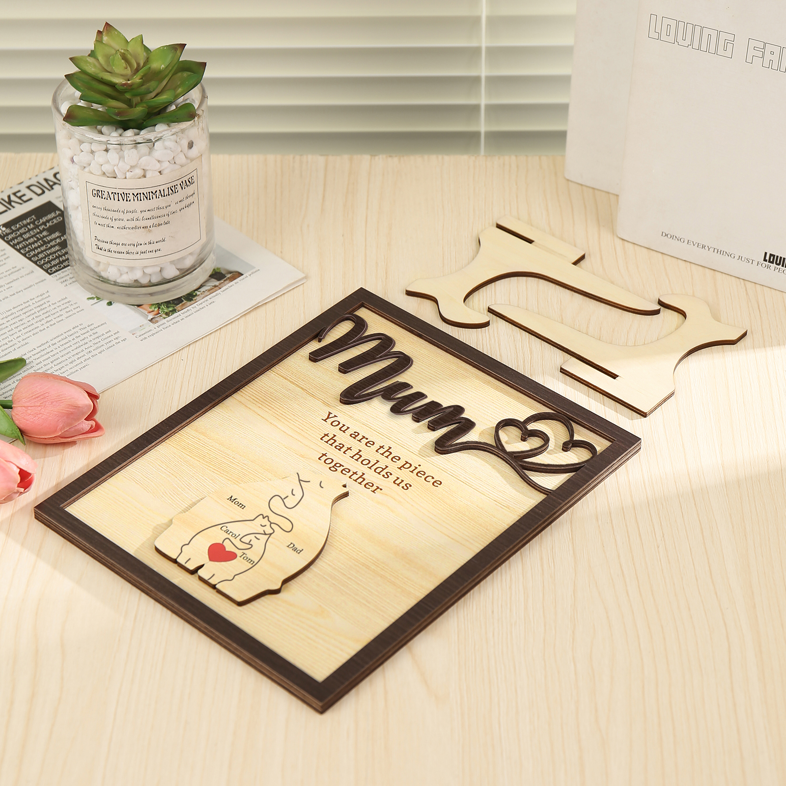 4 Names - Personalized Home Frame Wooden Ornaments Cute Bear Style Ornaments for Mum