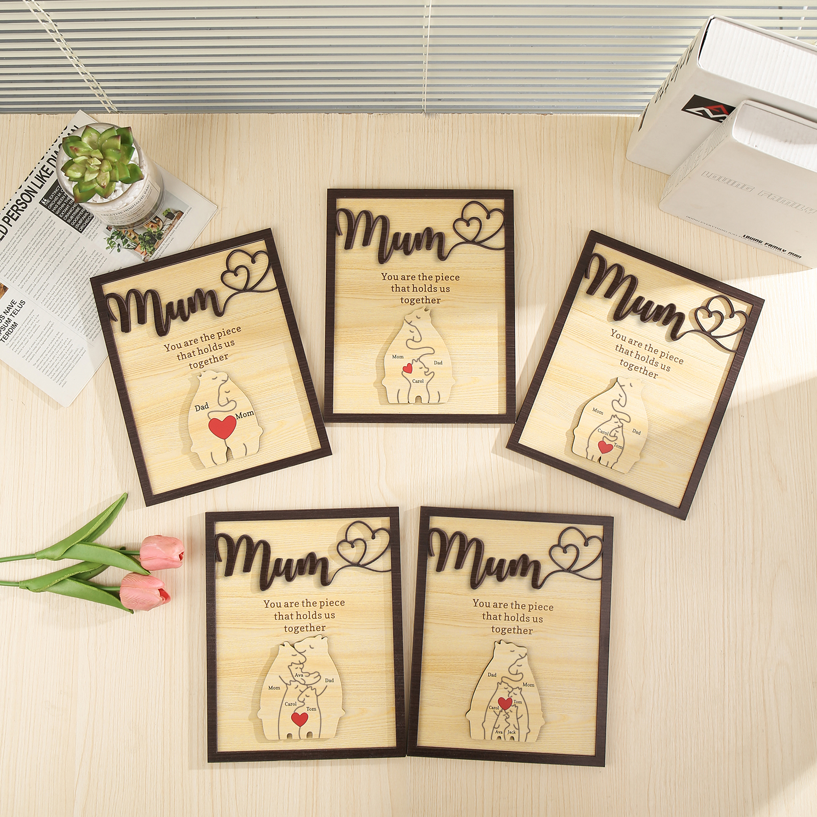 4 Names - Personalized Home Frame Wooden Ornaments Cute Bear Style Ornaments for Mum