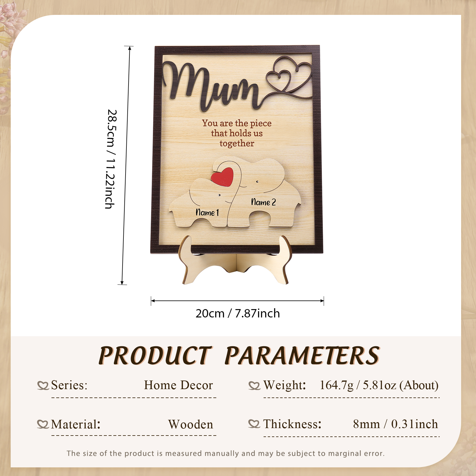 2 Names - Personalized Home Frame Wooden Ornaments Cute Elephant Style Ornaments for Mum