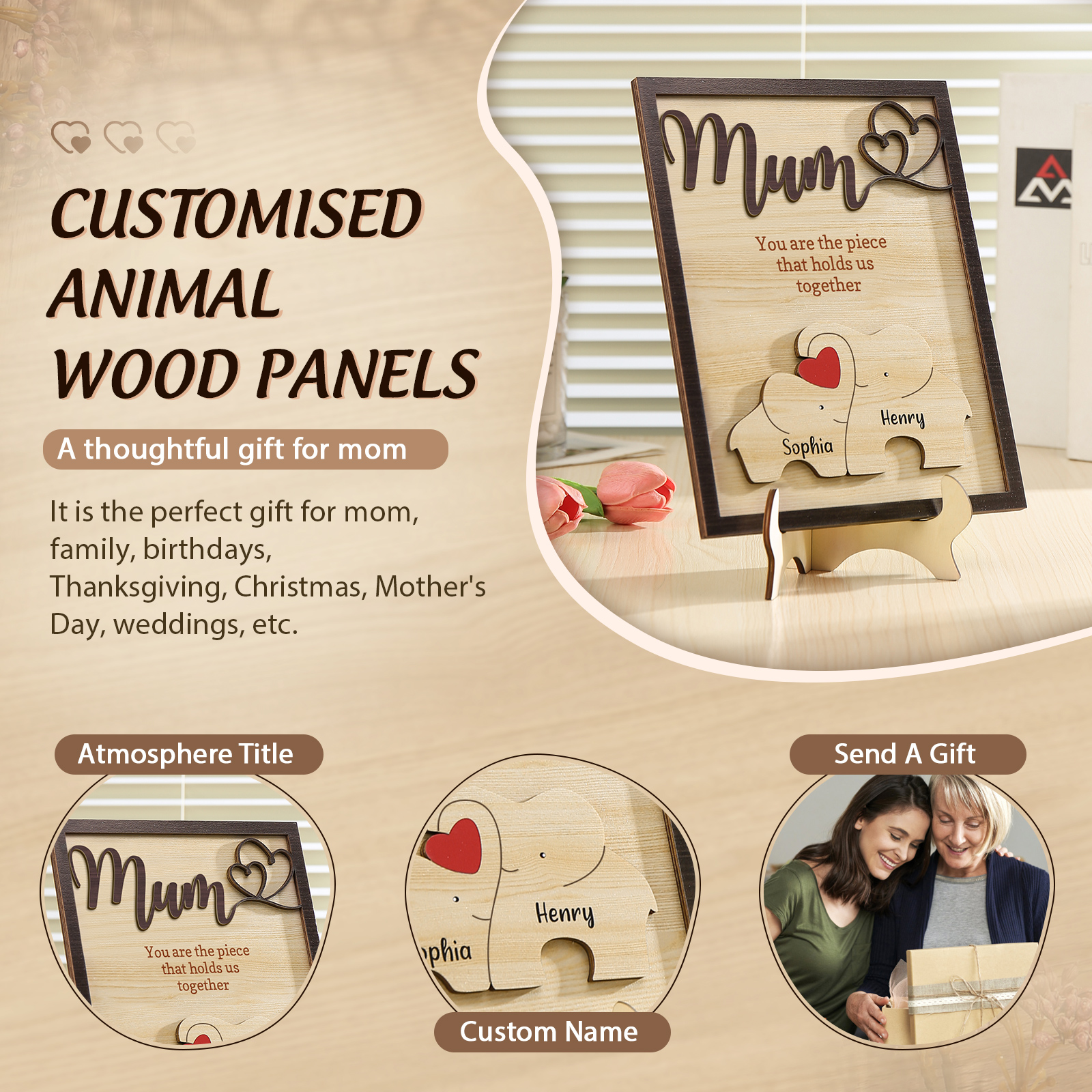 2 Names - Personalized Home Frame Wooden Ornaments Cute Elephant Style Ornaments for Mum