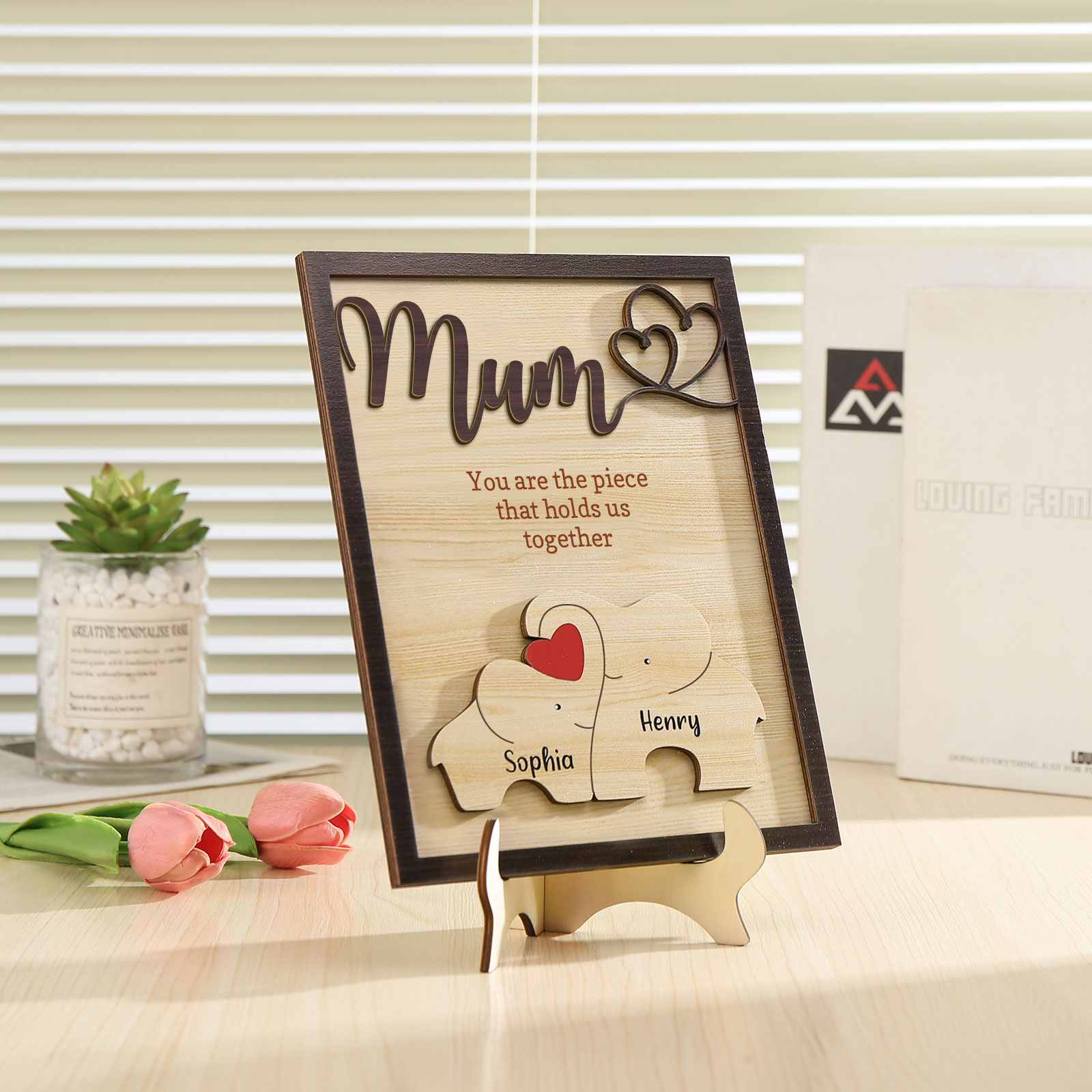 2 Names - Personalized Home Frame Wooden Ornaments Cute Elephant Style Ornaments for Mum