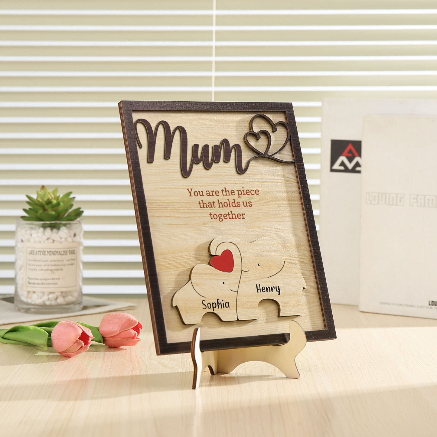 2 Names - Personalized Home Frame Wooden Ornaments Cute Elephant Style Ornaments for Mum
