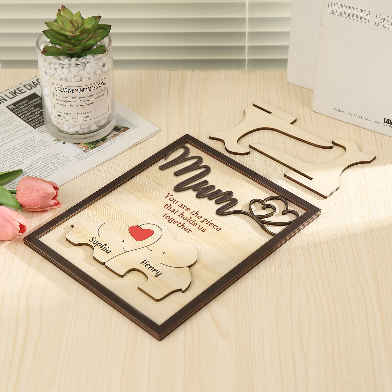 2 Names - Personalized Home Frame Wooden Ornaments Cute Elephant Style Ornaments for Mum