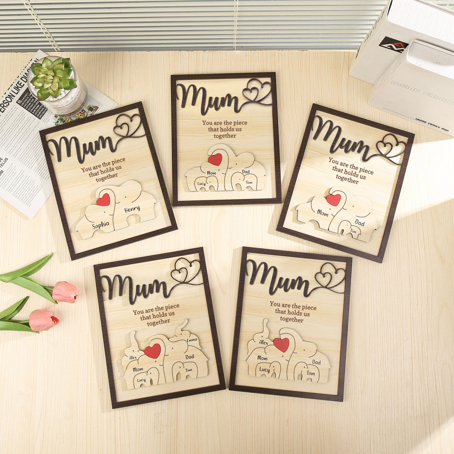 2 Names - Personalized Home Frame Wooden Ornaments Cute Elephant Style Ornaments for Mum