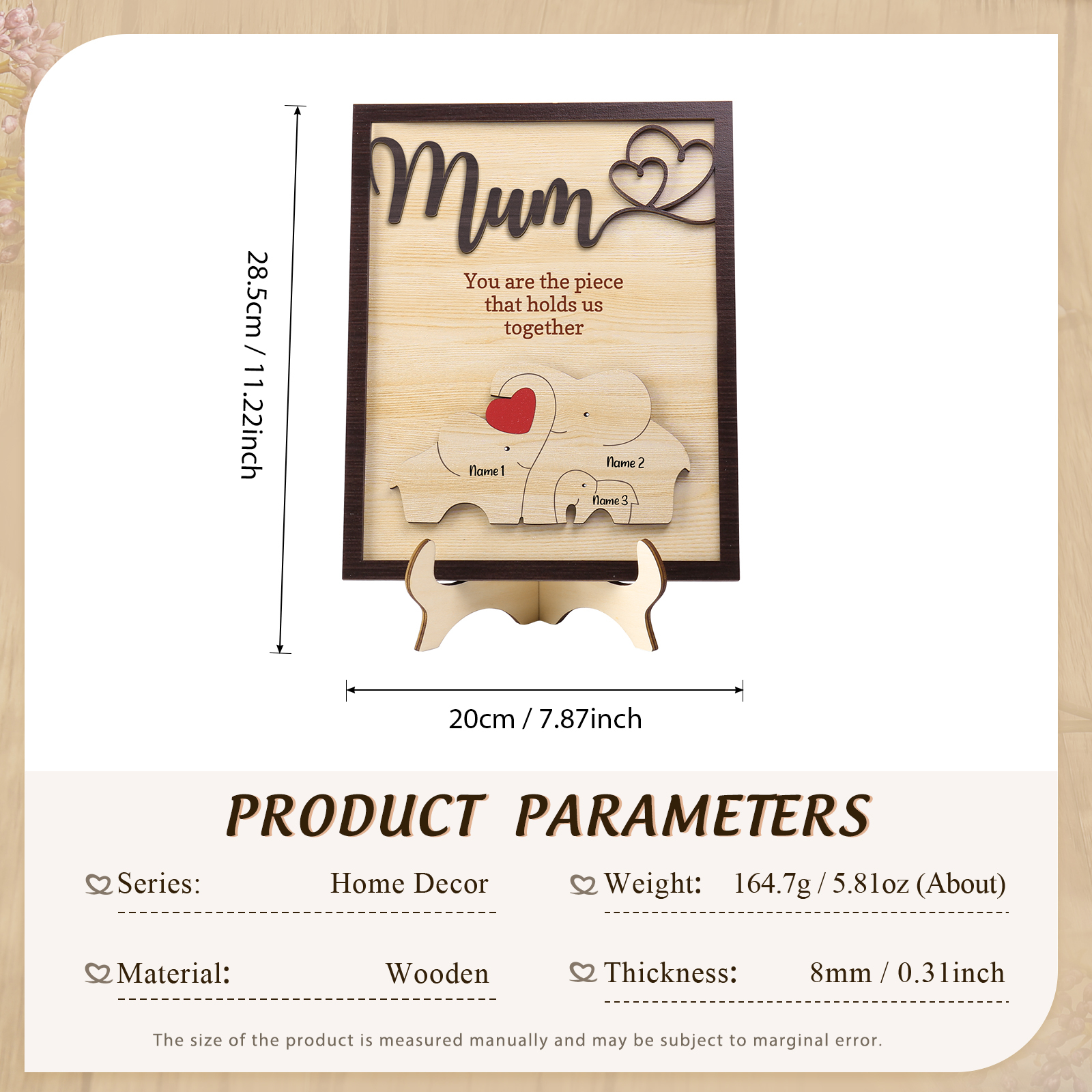 3 Names - Personalized Home Frame Wooden Ornaments Cute Elephant Style Ornaments for Mum