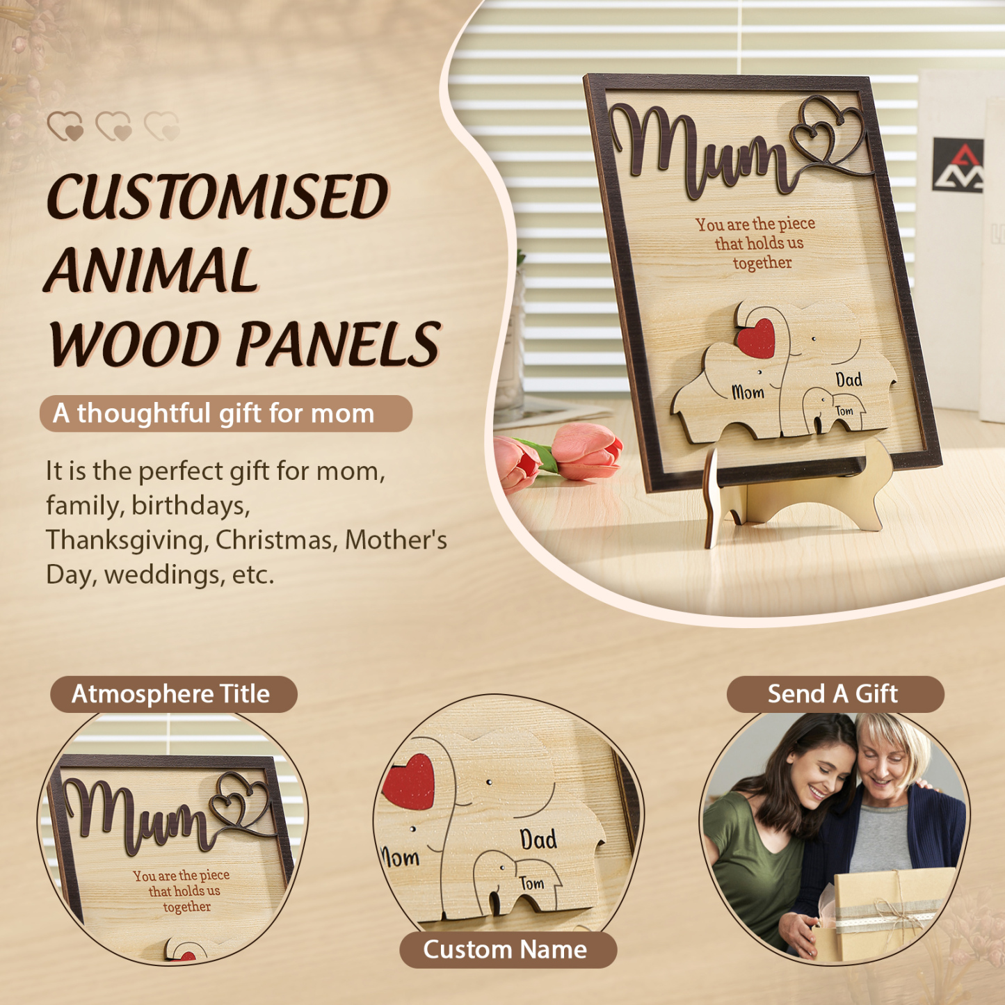 3 Names - Personalized Home Frame Wooden Ornaments Cute Elephant Style Ornaments for Mum