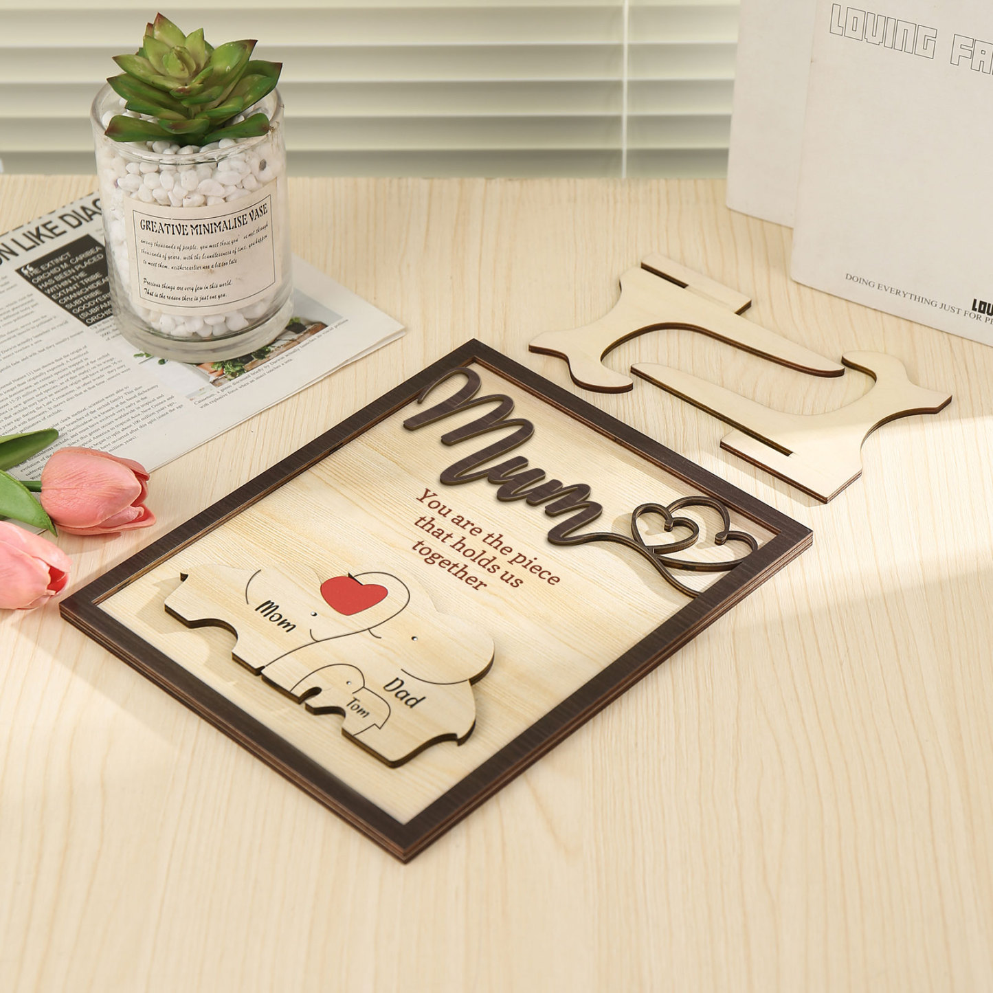 3 Names - Personalized Home Frame Wooden Ornaments Cute Elephant Style Ornaments for Mum