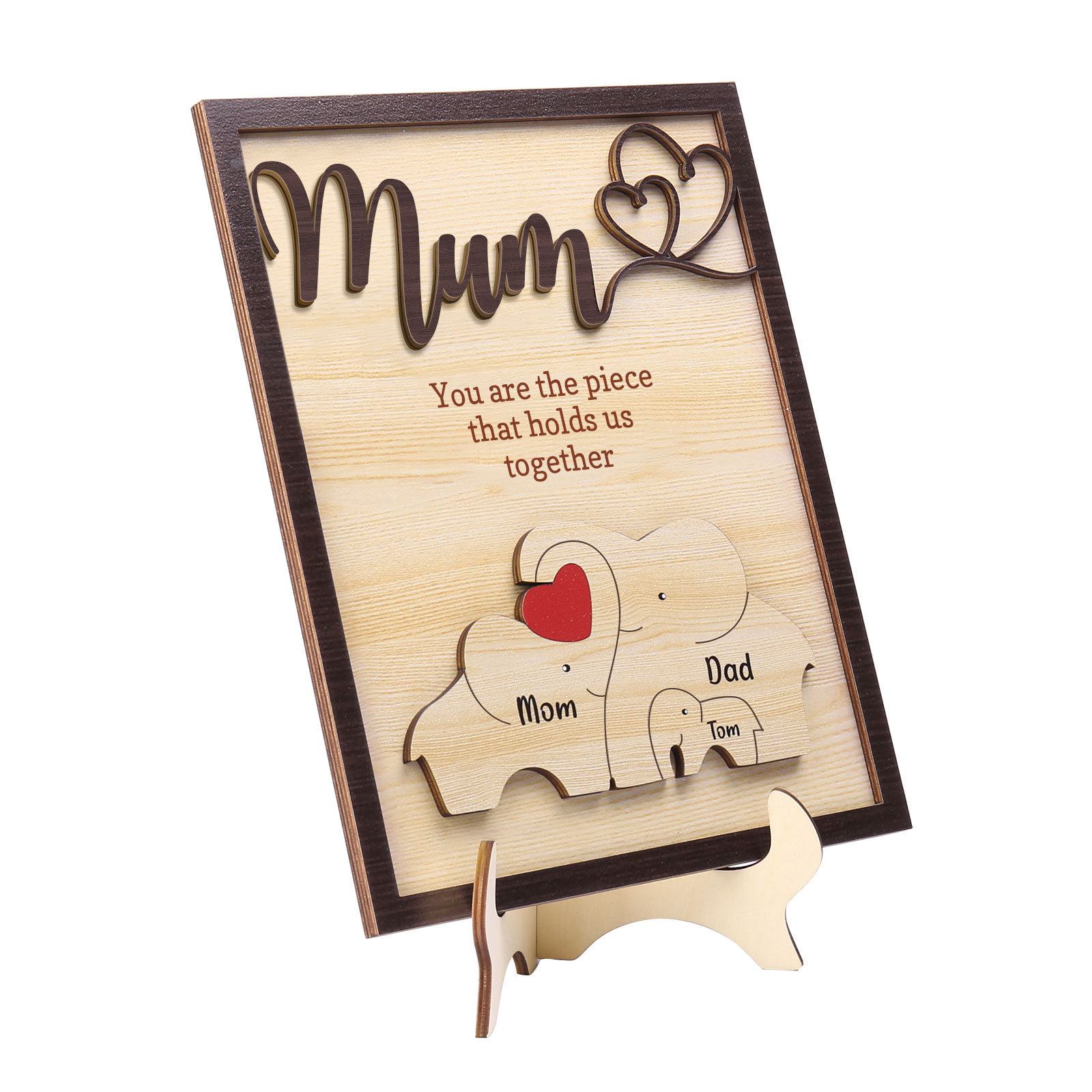 3 Names - Personalized Home Frame Wooden Ornaments Cute Elephant Style Ornaments for Mum