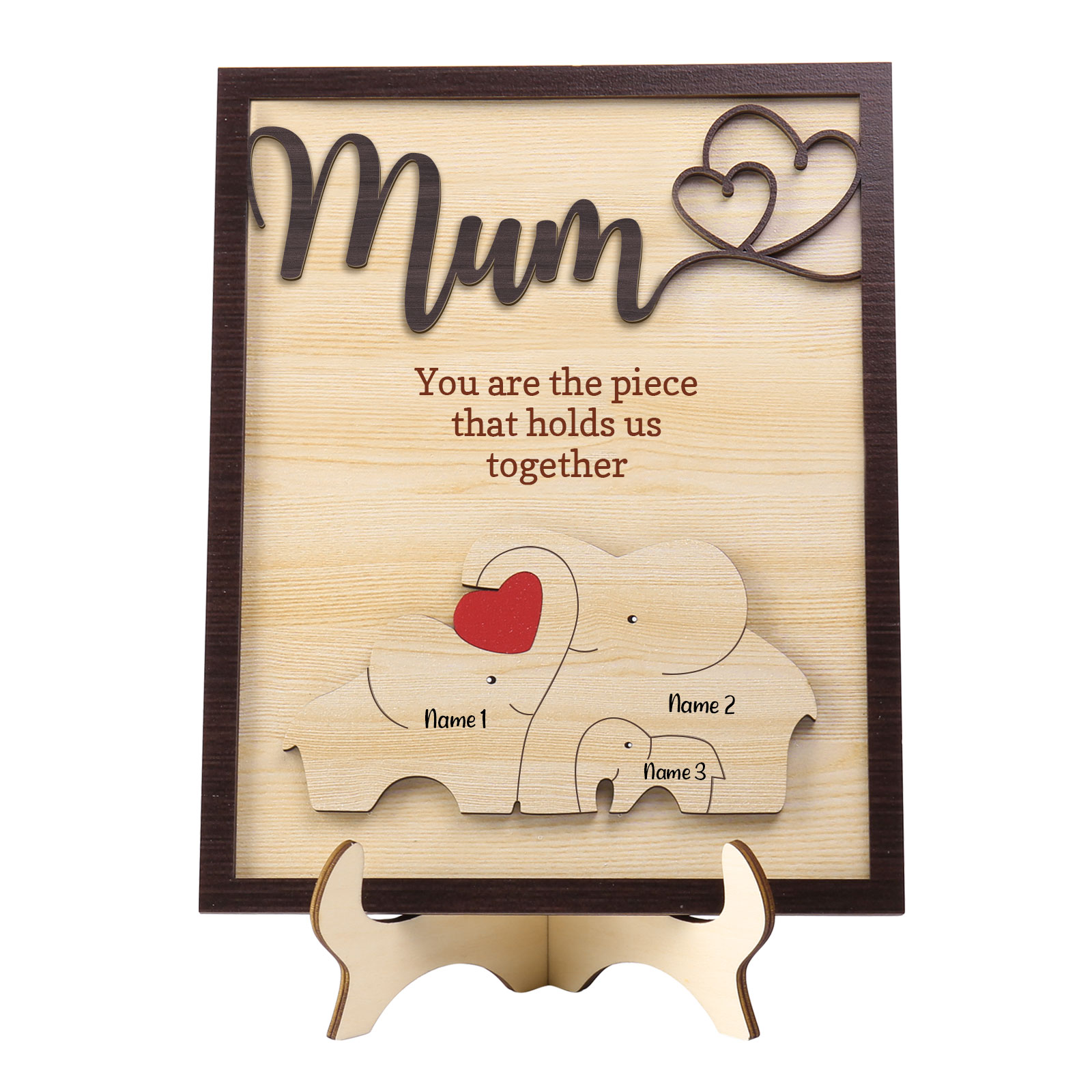 3 Names - Personalized Home Frame Wooden Ornaments Cute Elephant Style Ornaments for Mum