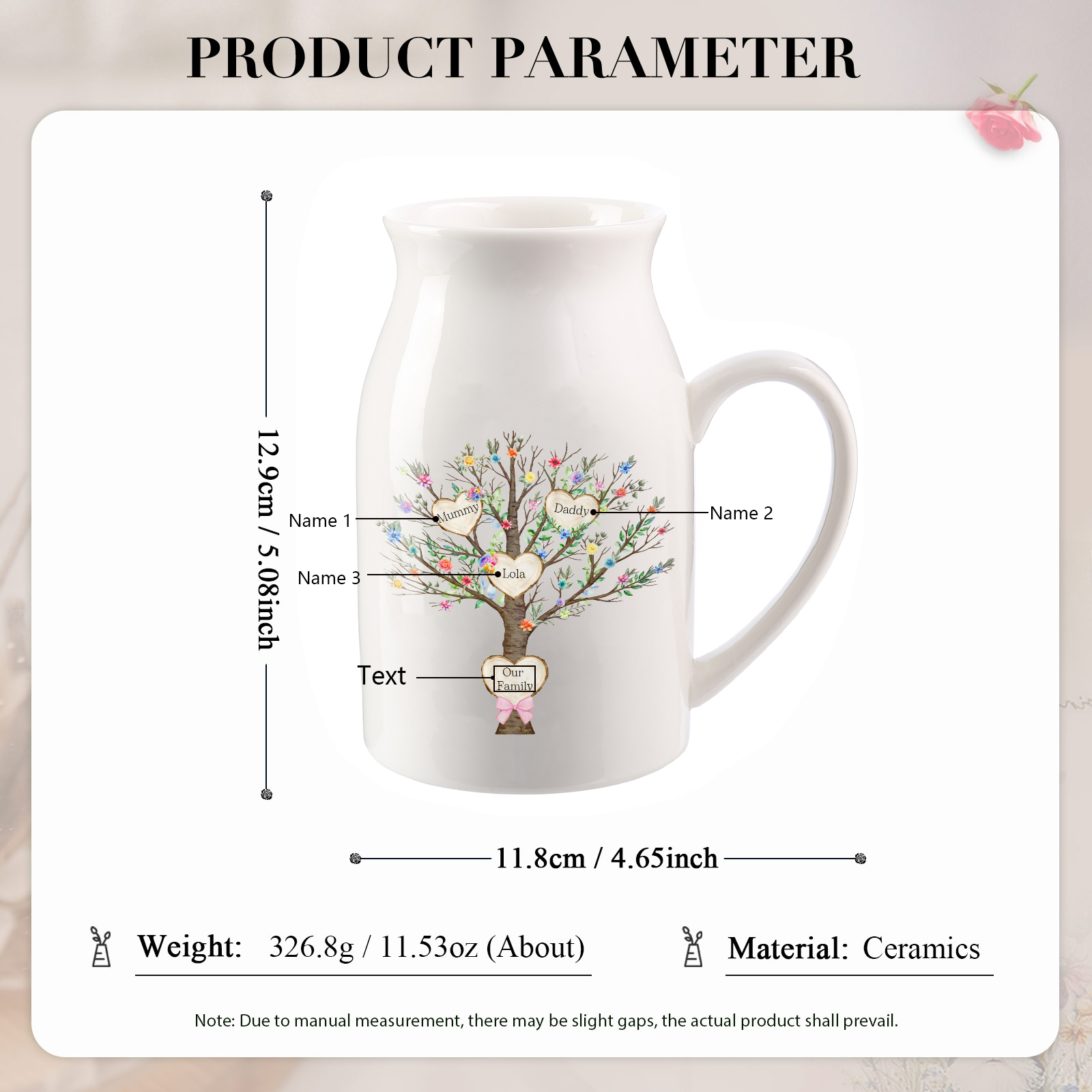 3 Names - Personalized Beautiful Family Tree Style Ceramic Vase with Customizable Names As a Special Gift For Mum/Dad