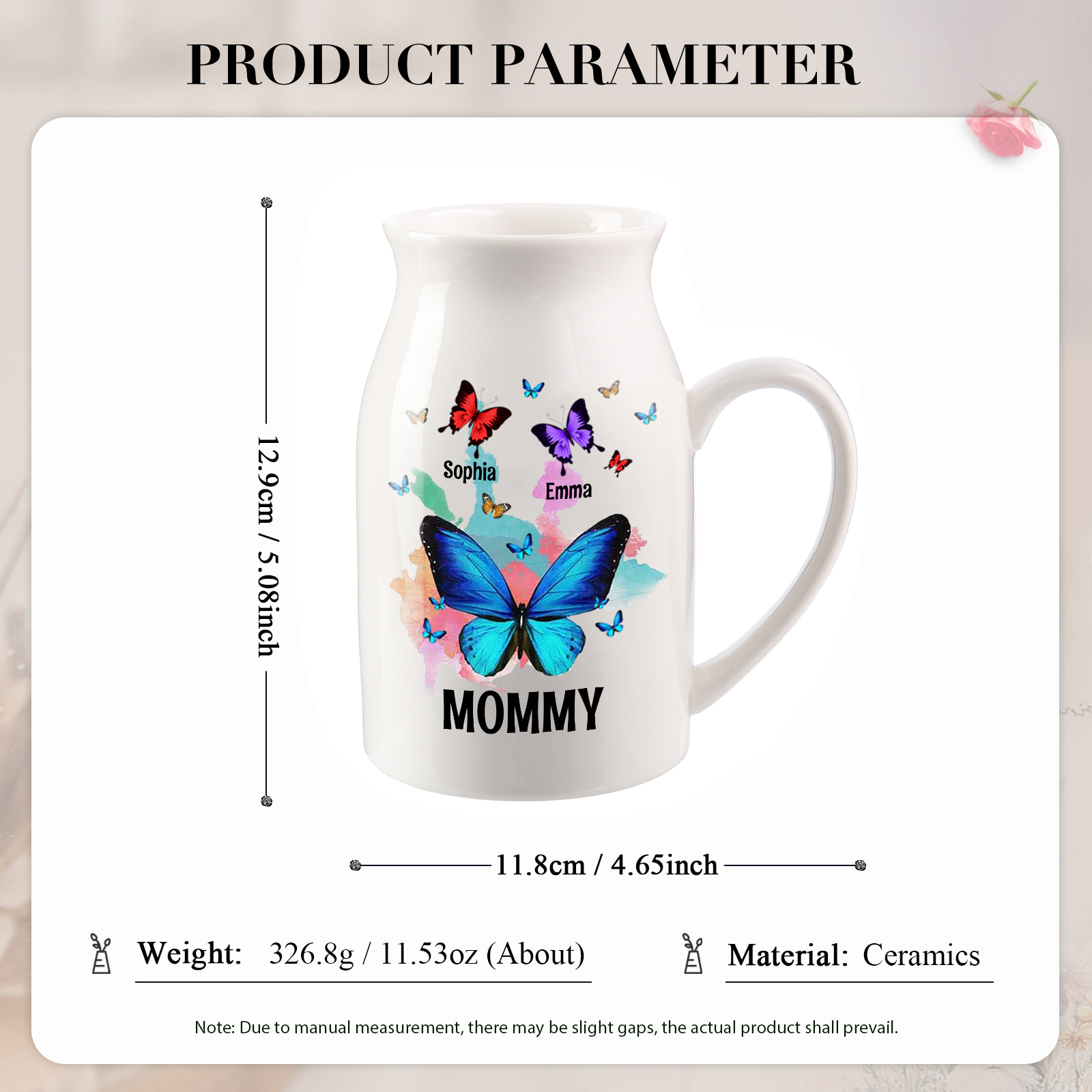 2 Names - Personalized Beautiful Colorful Butterfly Style Ceramic Vase with Customizable Names As a Wonderful Gift For Mum