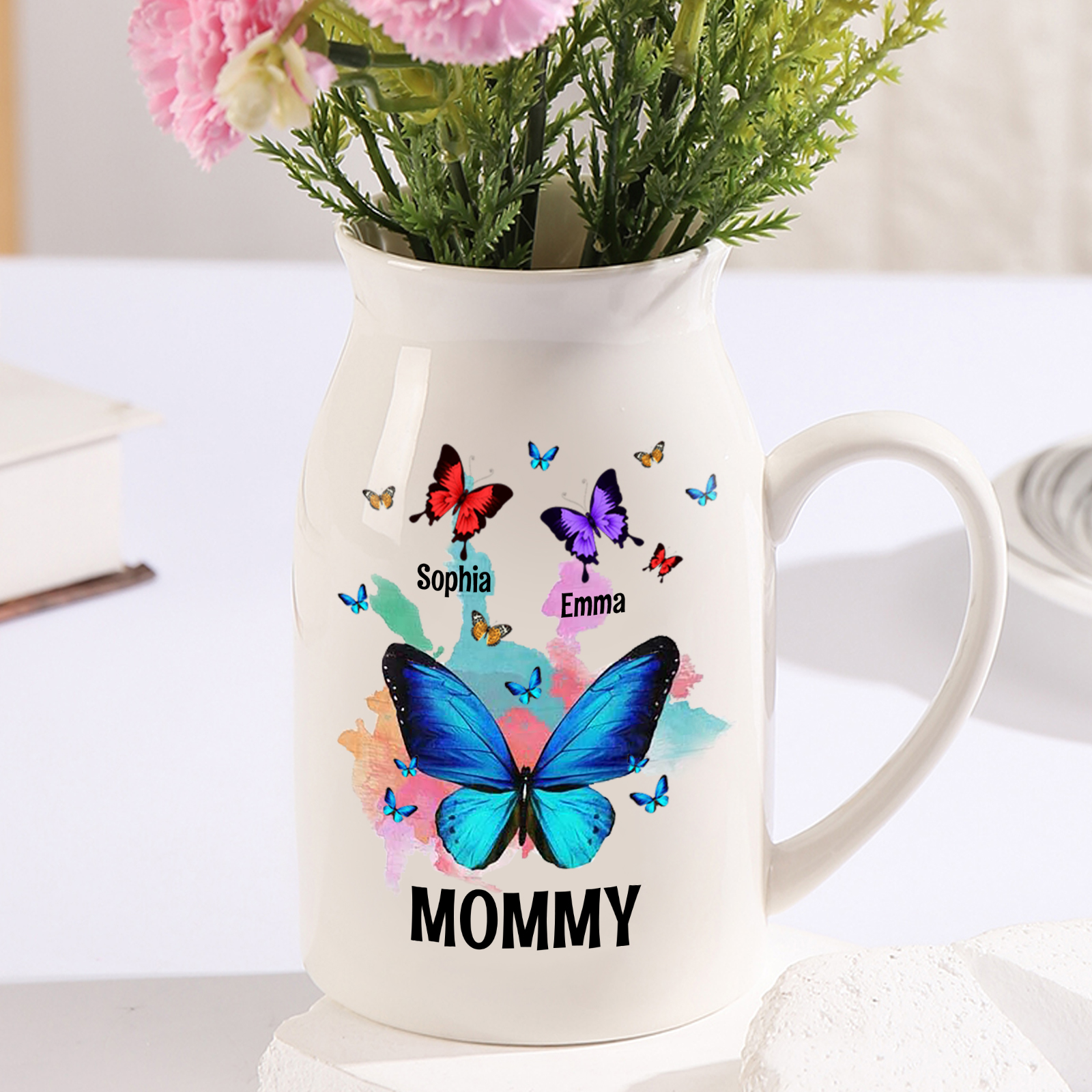 2 Names - Personalized Beautiful Colorful Butterfly Style Ceramic Vase with Customizable Names As a Wonderful Gift For Mum
