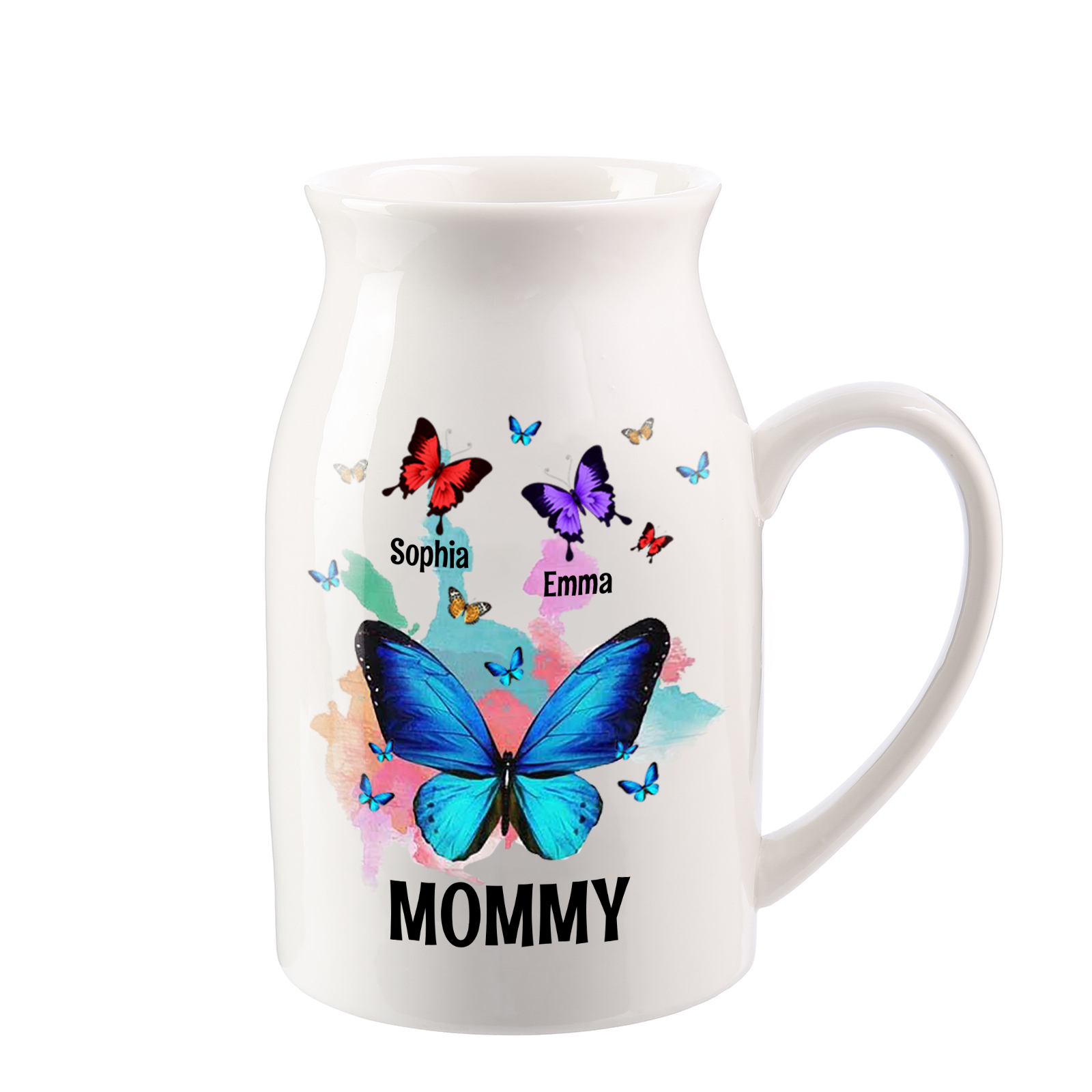 2 Names - Personalized Beautiful Colorful Butterfly Style Ceramic Vase with Customizable Names As a Wonderful Gift For Mum