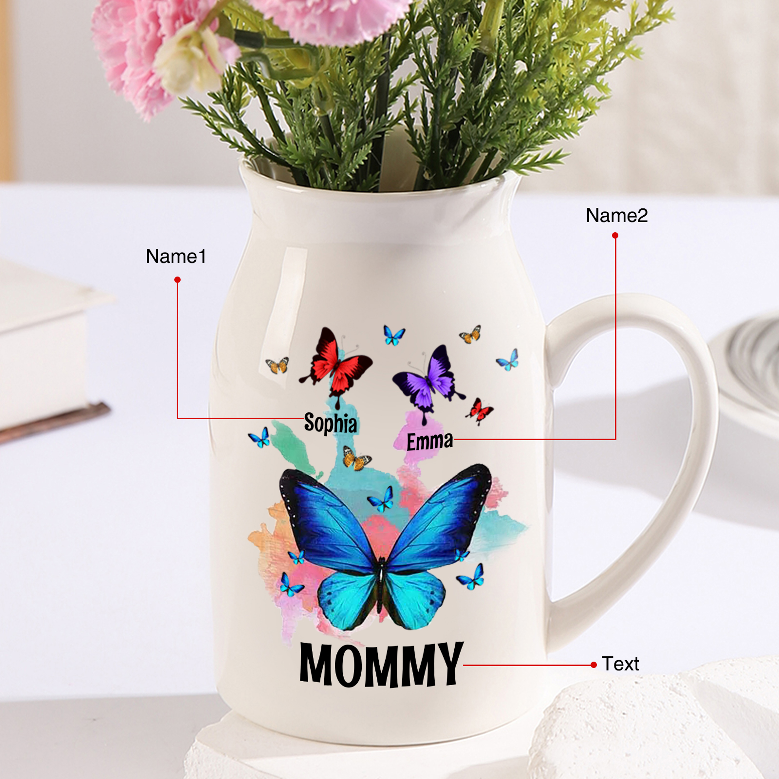 2 Names - Personalized Beautiful Colorful Butterfly Style Ceramic Vase with Customizable Names As a Wonderful Gift For Mum