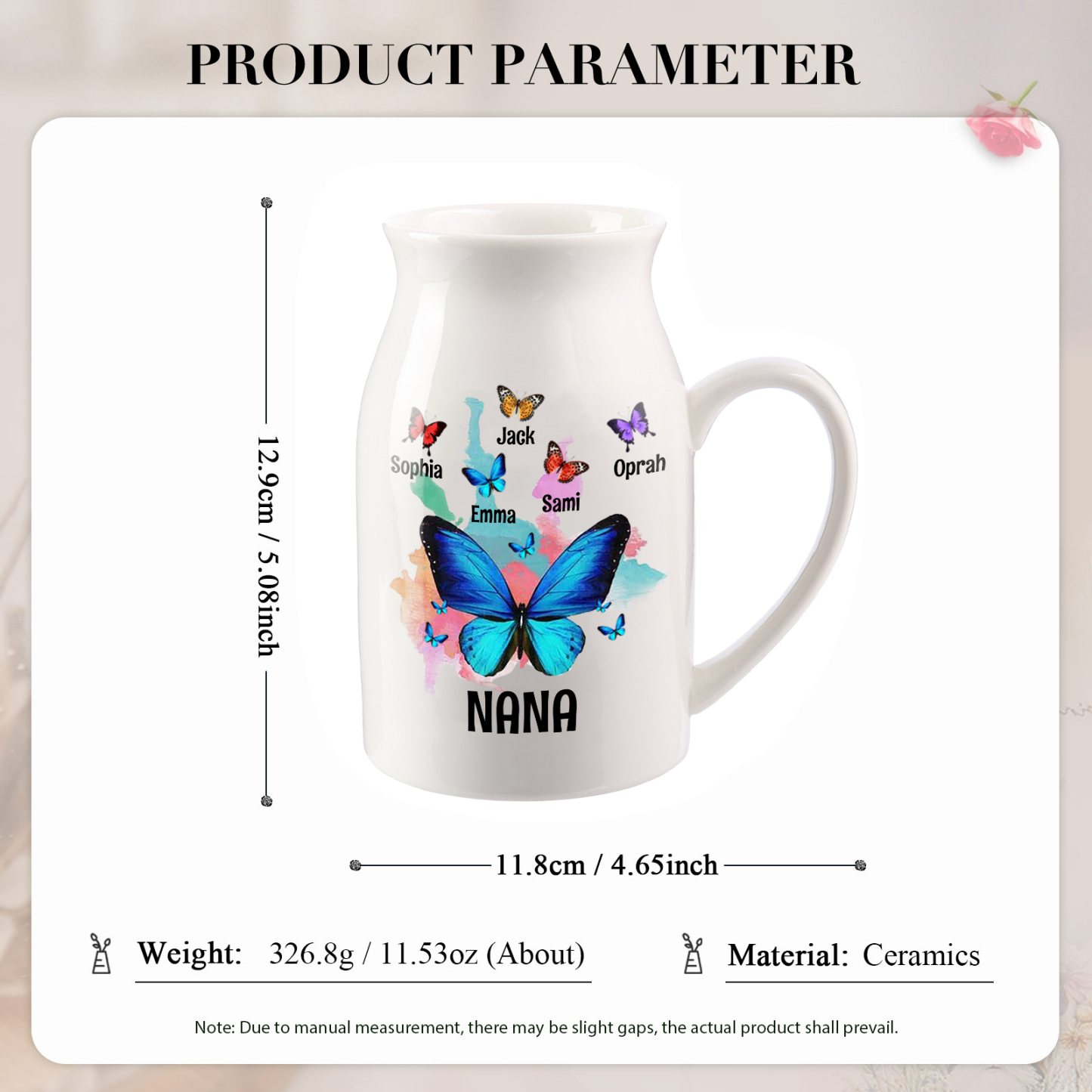 5 Names - Personalized Beautiful Colorful Butterfly Style Ceramic Vase with Customizable Names As a Wonderful Gift For Mum