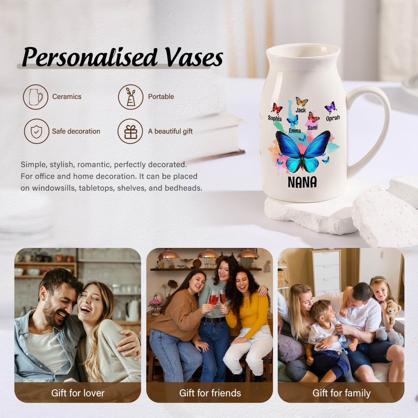 5 Names - Personalized Beautiful Colorful Butterfly Style Ceramic Vase with Customizable Names As a Wonderful Gift For Mum