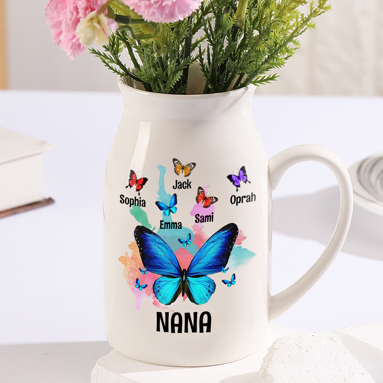 5 Names - Personalized Beautiful Colorful Butterfly Style Ceramic Vase with Customizable Names As a Wonderful Gift For Mum