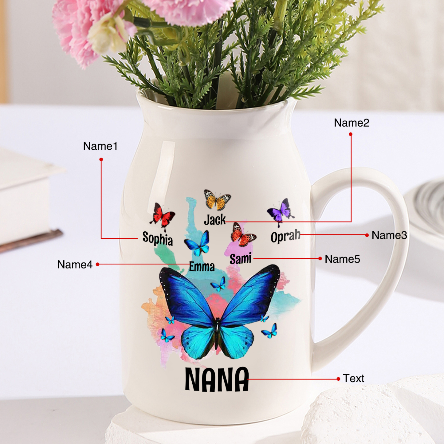 5 Names - Personalized Beautiful Colorful Butterfly Style Ceramic Vase with Customizable Names As a Wonderful Gift For Mum