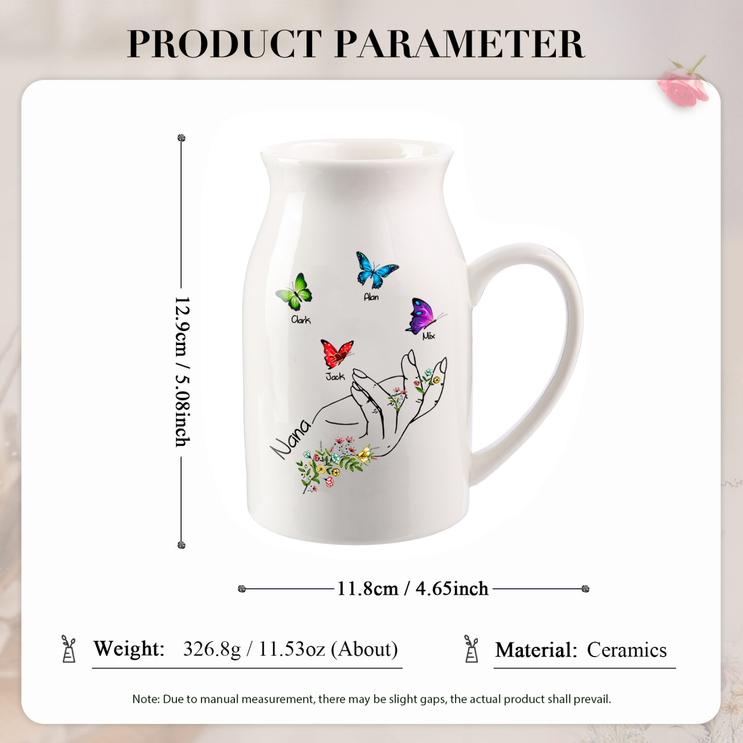 4 Names - Personalized Beautiful Flower Hand Butterfly Style Ceramic Vase with Customizable Names As a Special Gift For Mum