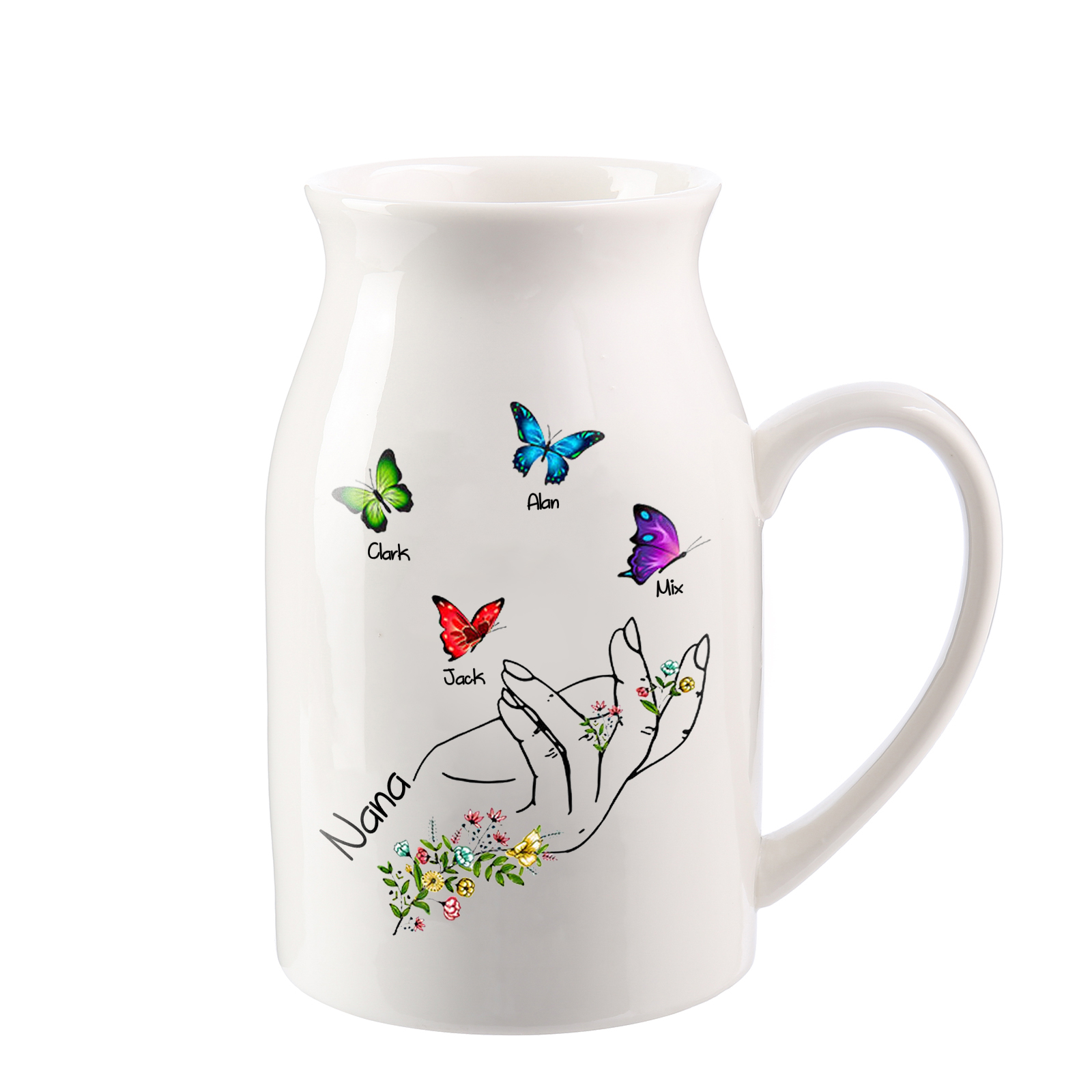4 Names - Personalized Beautiful Flower Hand Butterfly Style Ceramic Vase with Customizable Names As a Special Gift For Mum